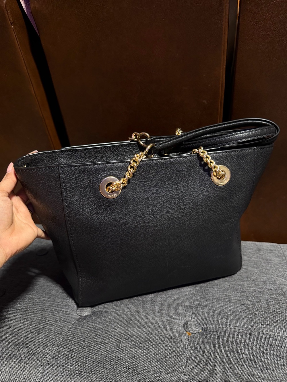 Coach Black Leather Tote with Gold Chain Details - Picture 2 of 13